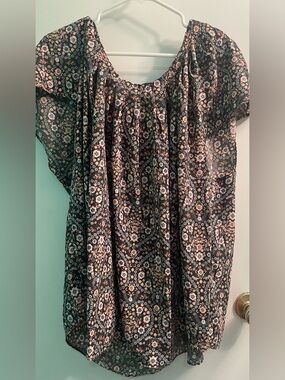 Lauren Conrad Floral Black and Blush Boho Peasant Top 3X